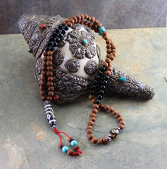 3 Eye Dzi Bead Necklace Onyx and Raktu Seed