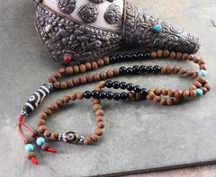 3 Eye Dzi Bead Necklace Onyx and Raktu Seed