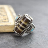 Agate Dzi Ring with Turquoise Accents