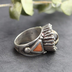 Agate Dzi and Coral Statement Ring