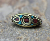3 Sided Brass Coral and Turquoise Tibetan Bead