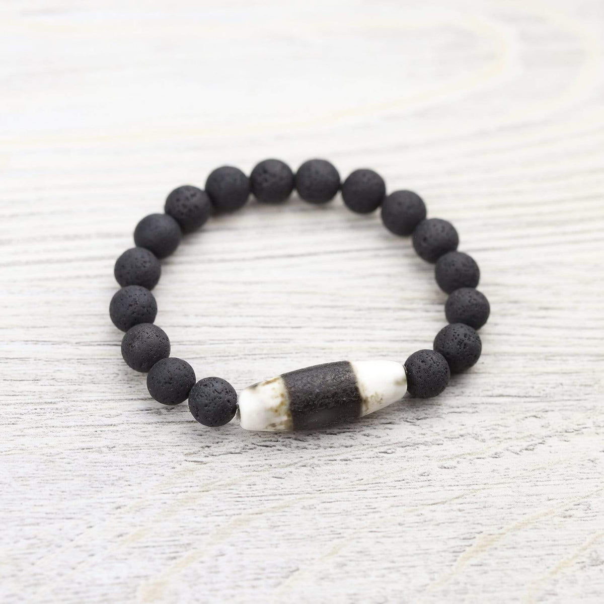Ancient Dzi and Lava Rock Men's Bracelet
