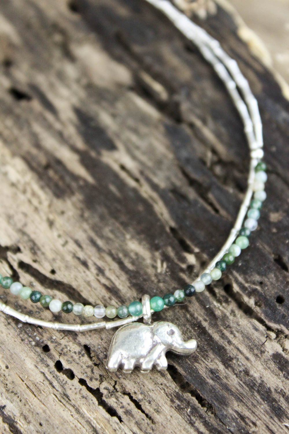 Aventurine and Silver Elephant Charm Bracelet
