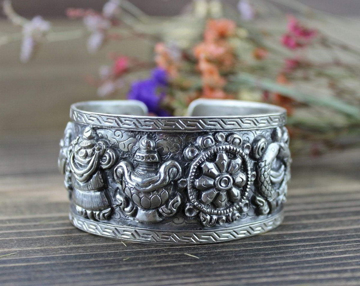 Auspicious Symbols Sterling Silver Cuff Bracelet