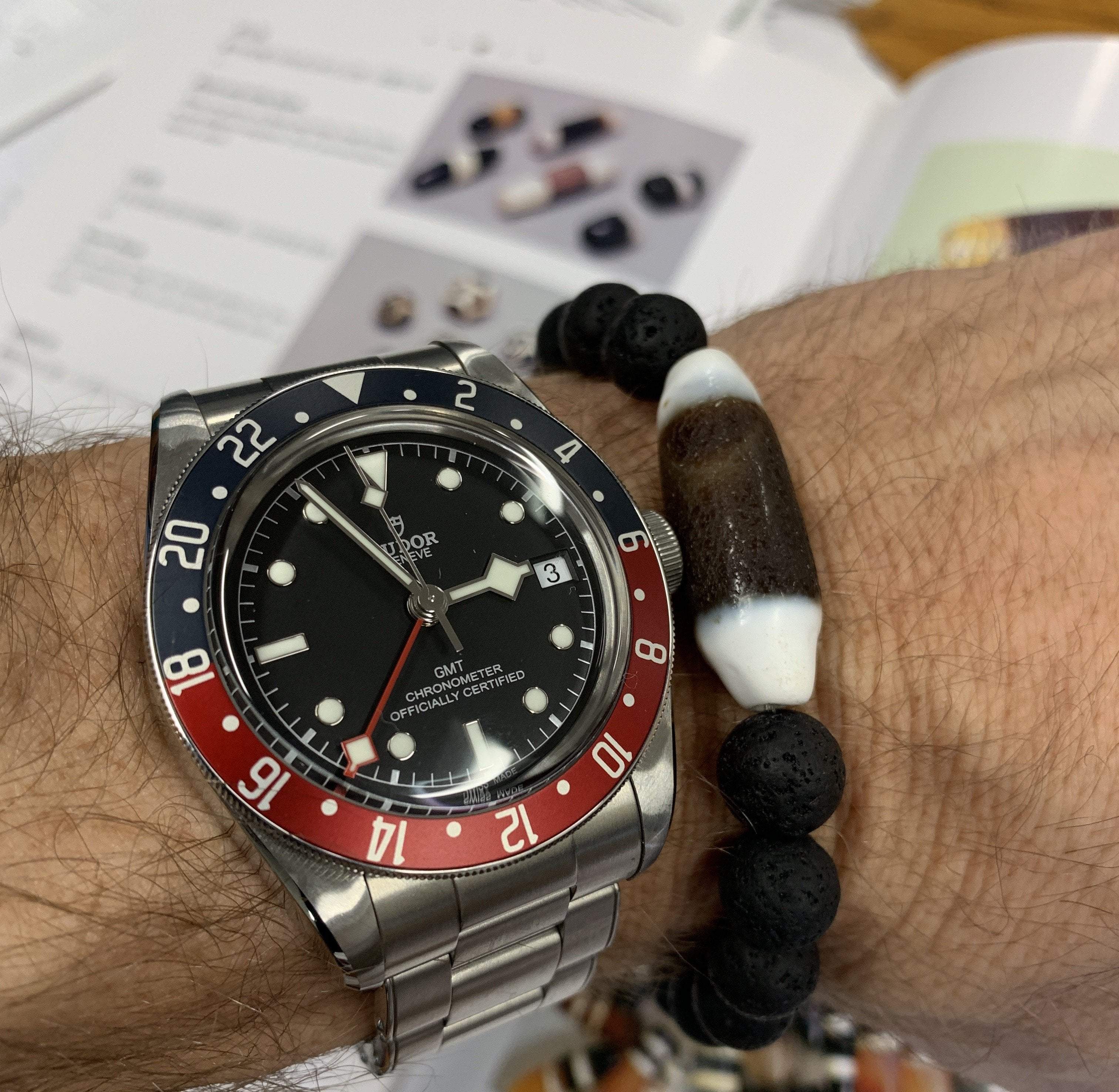 Ancient Dzi and Lava Rock Men's Bracelet