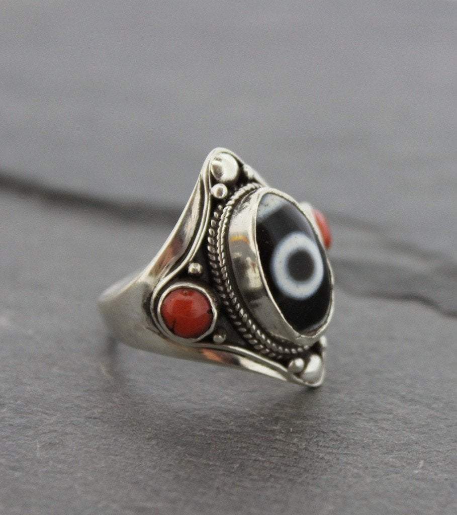 Agate Dzi and Coral ring