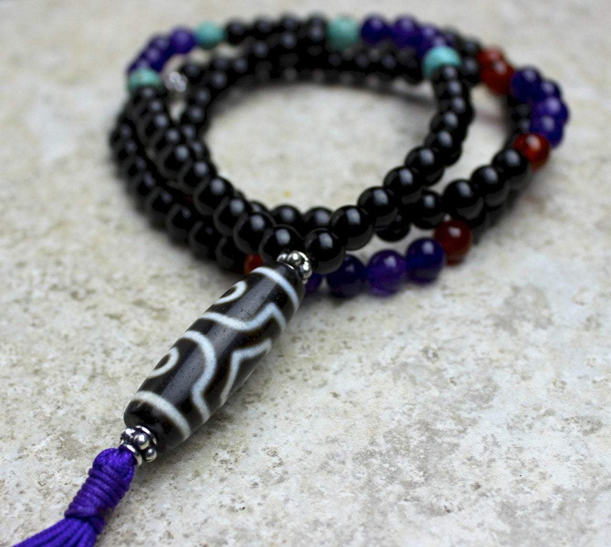 3 Eye Dzi Bead Mala with Onyx and Amethyst