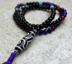 3 Eye Dzi Bead Mala with Onyx and Amethyst