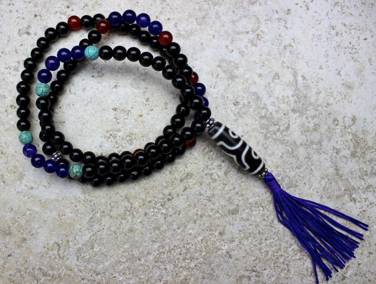 3 Eye Dzi Bead Mala with Onyx and Amethyst