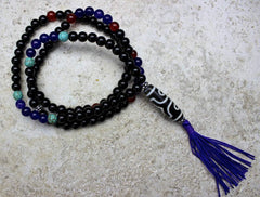 3 Eye Dzi Bead Mala with Onyx and Amethyst