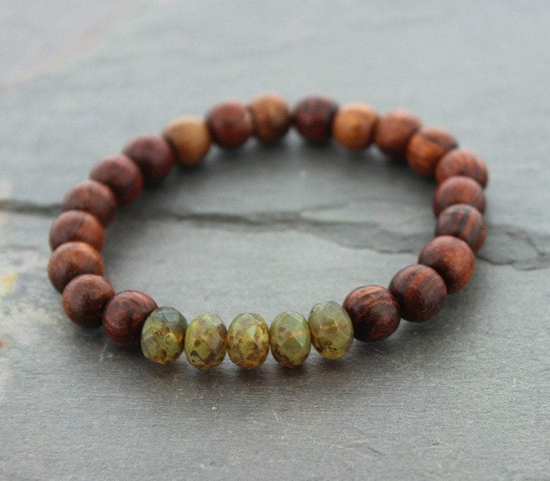 Amber Czech and Wood Bead Bracelet