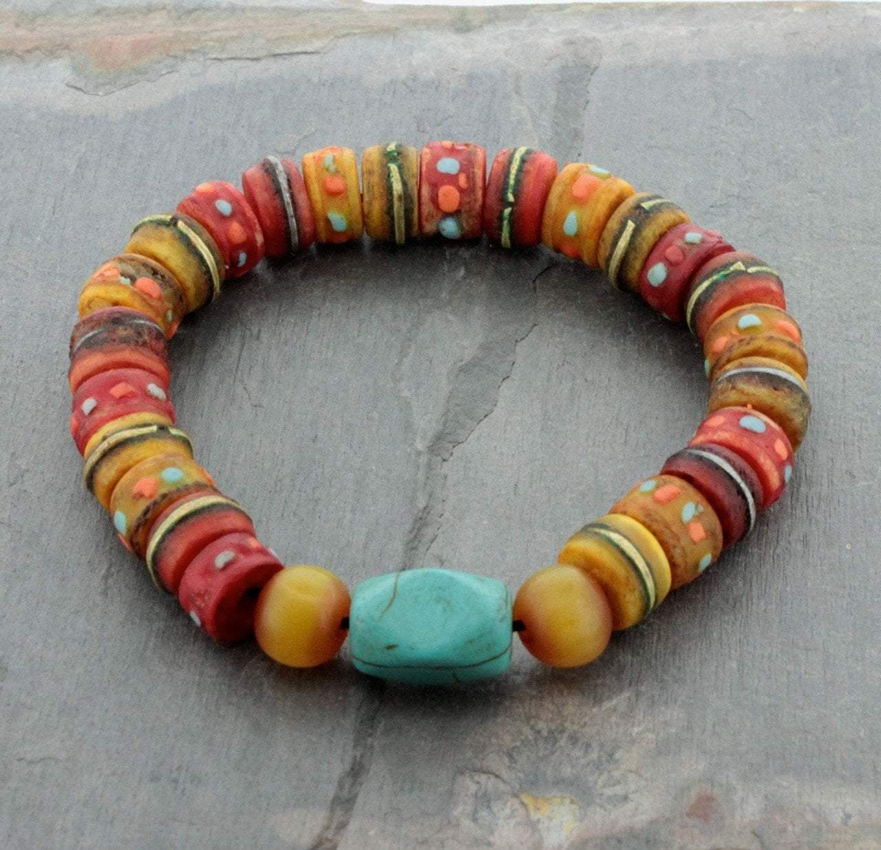 Amber Colored Yak Bone and Turquoise Wrist Mala
