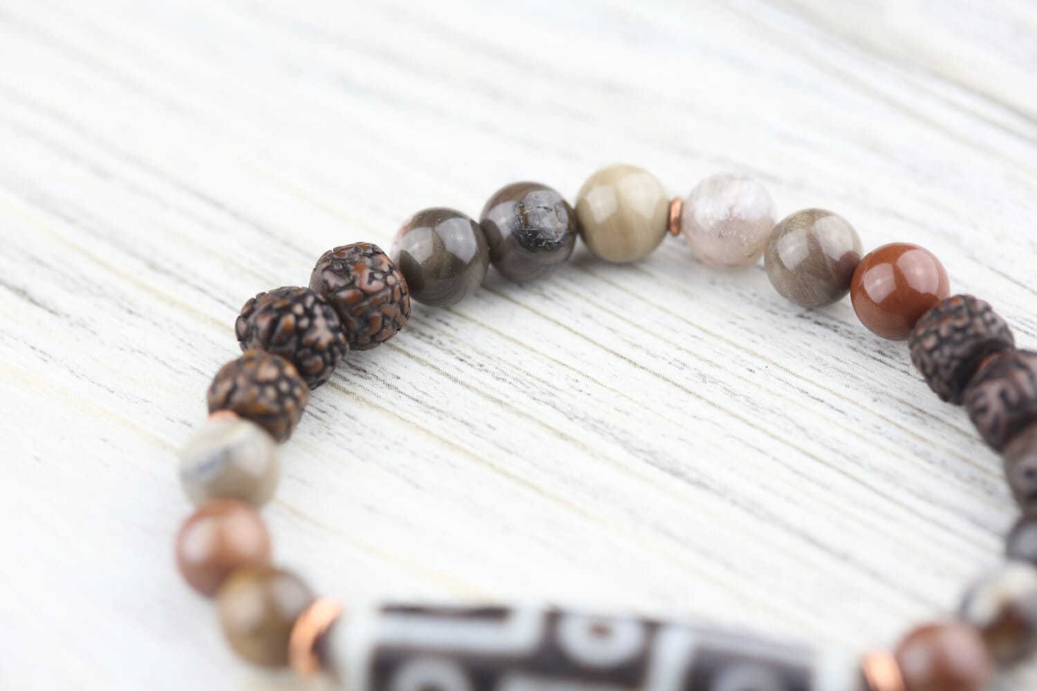 9 Eye Dzi Astrology & Petrified Wood Wrist Mala