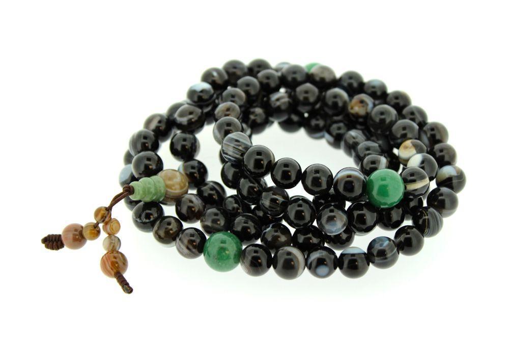 Astonishing Striped Agate and Jade Tibetan Mala