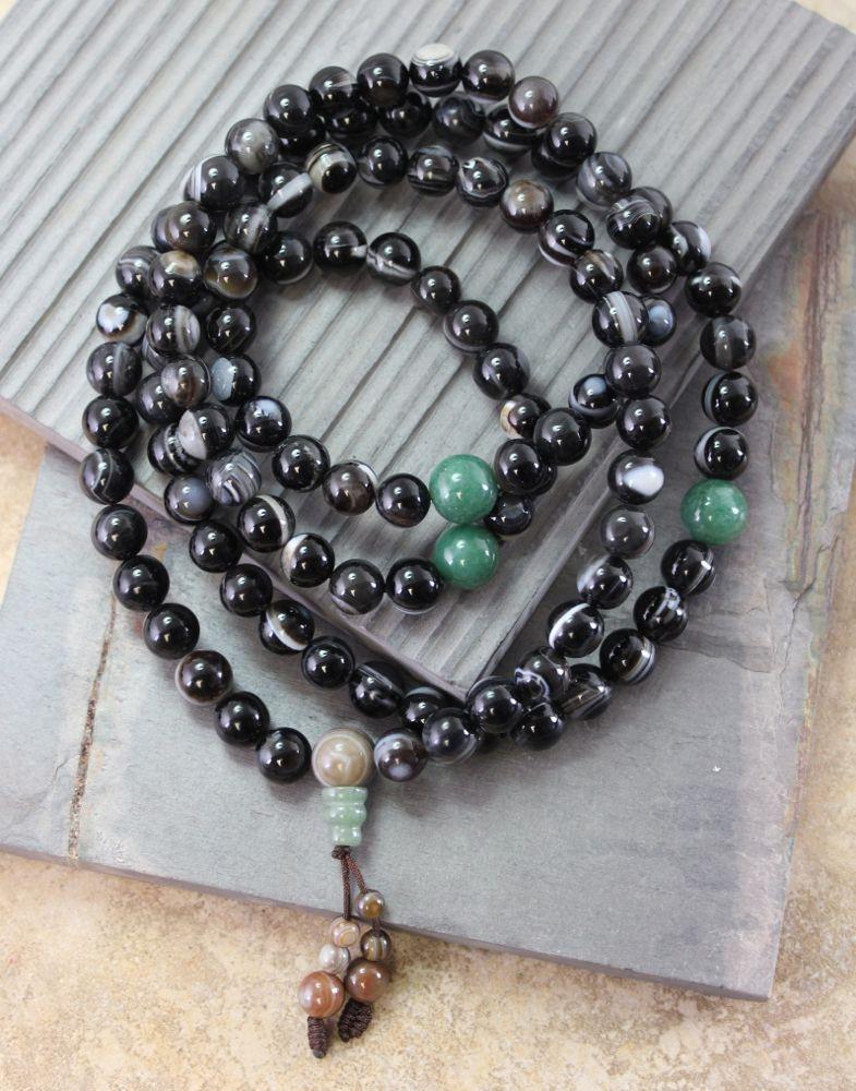 Astonishing Striped Agate and Jade Tibetan Mala