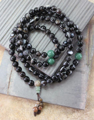 Astonishing Striped Agate and Jade Tibetan Mala