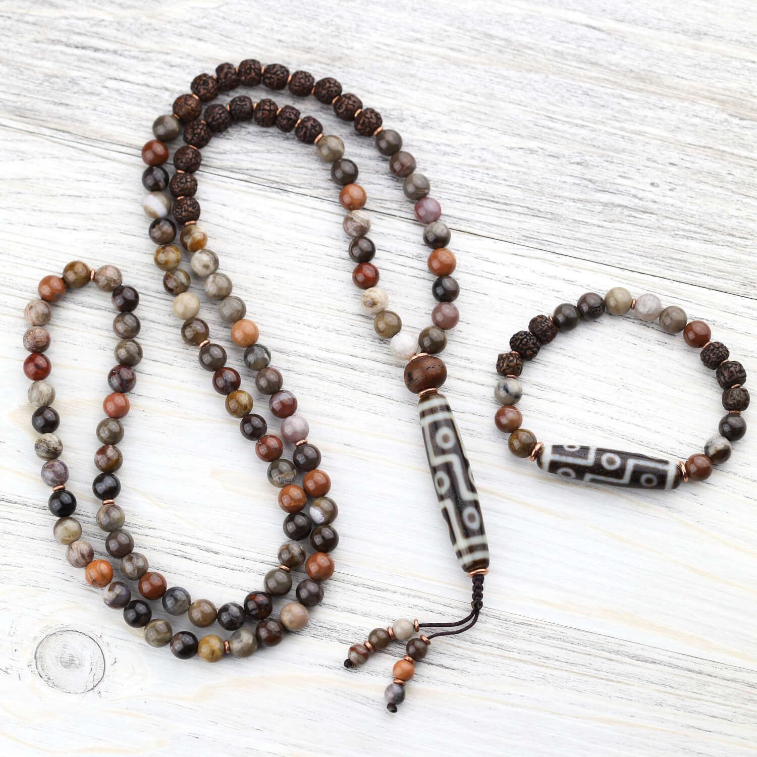 9 Eye Dzi Astrology & Petrified Wood Mala