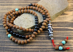 3 Eye Dzi Bead Necklace Onyx and Raktu Seed