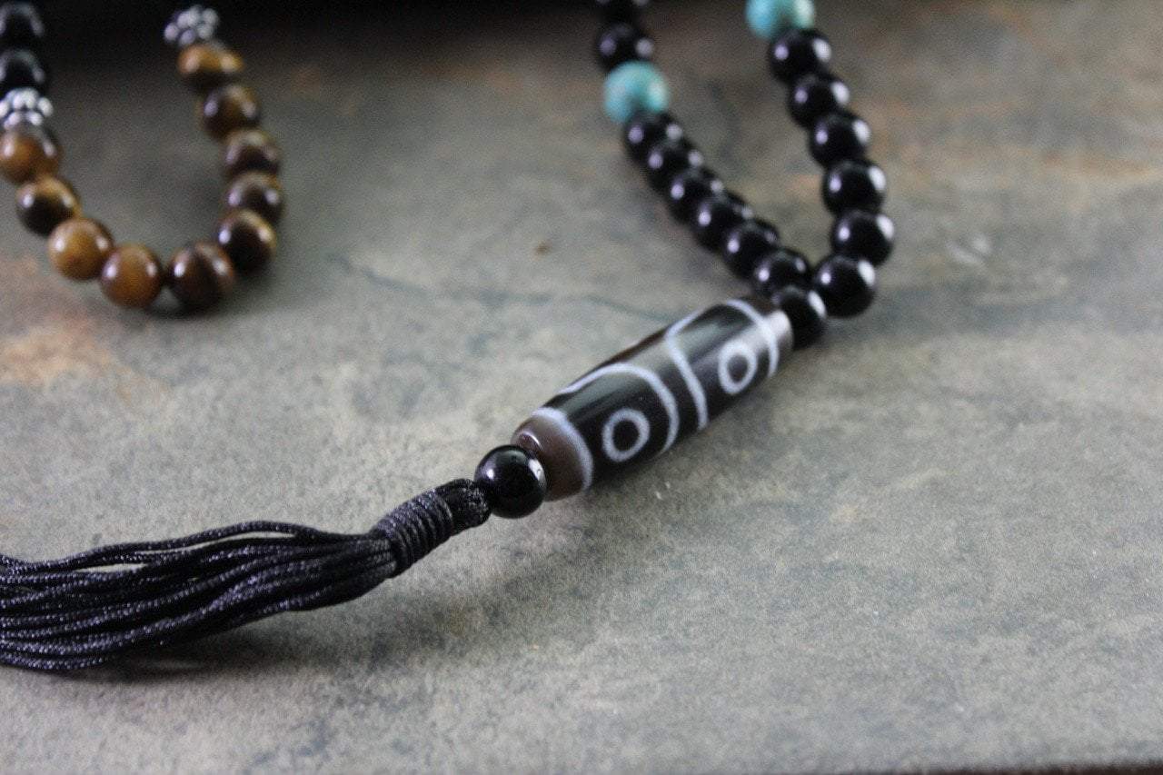 3 Eye Dzi Beads Necklace with Tiger Eye and Turquoise