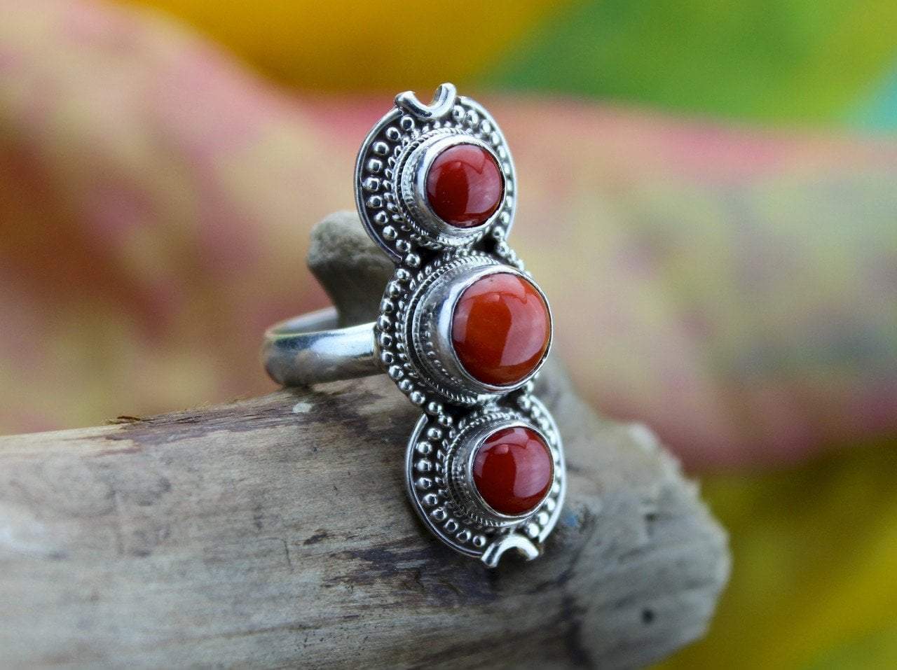 3 Stone Coral and Sterling Silver Ring