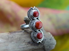 3 Stone Coral and Sterling Silver Ring