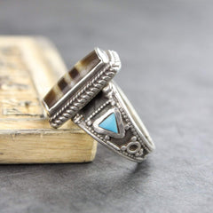 Agate Dzi Ring with Turquoise Accents
