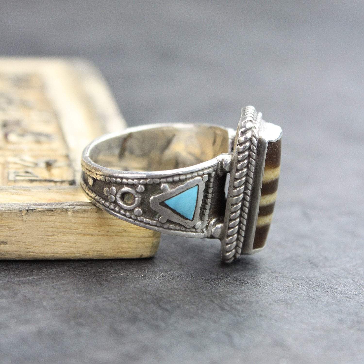 Agate Dzi Ring with Turquoise Accents