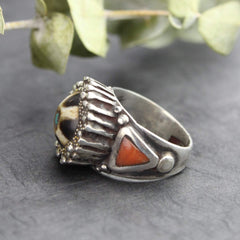 Agate Dzi and Coral Statement Ring