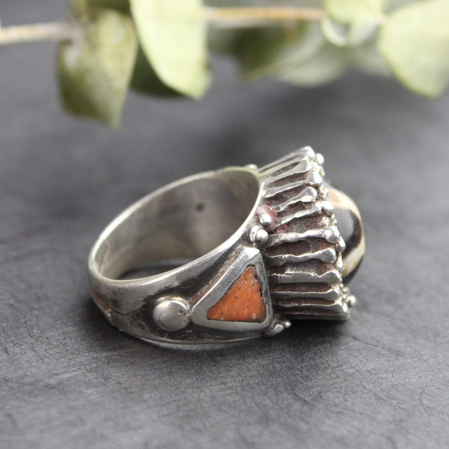Agate Dzi and Coral Statement Ring
