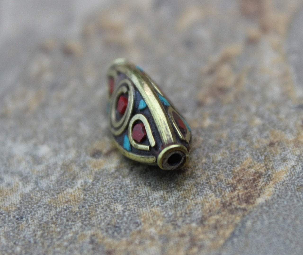 3 Sided Brass Coral and Turquoise Tibetan Bead