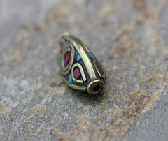 3 Sided Brass Coral and Turquoise Tibetan Bead