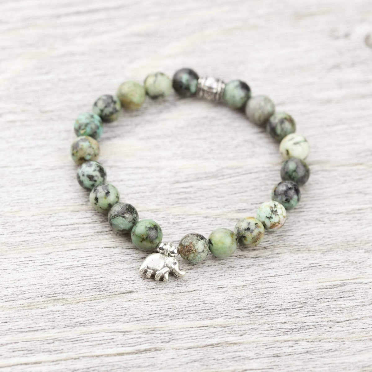 African Turquoise and Sterling Elephant Wrist Mala