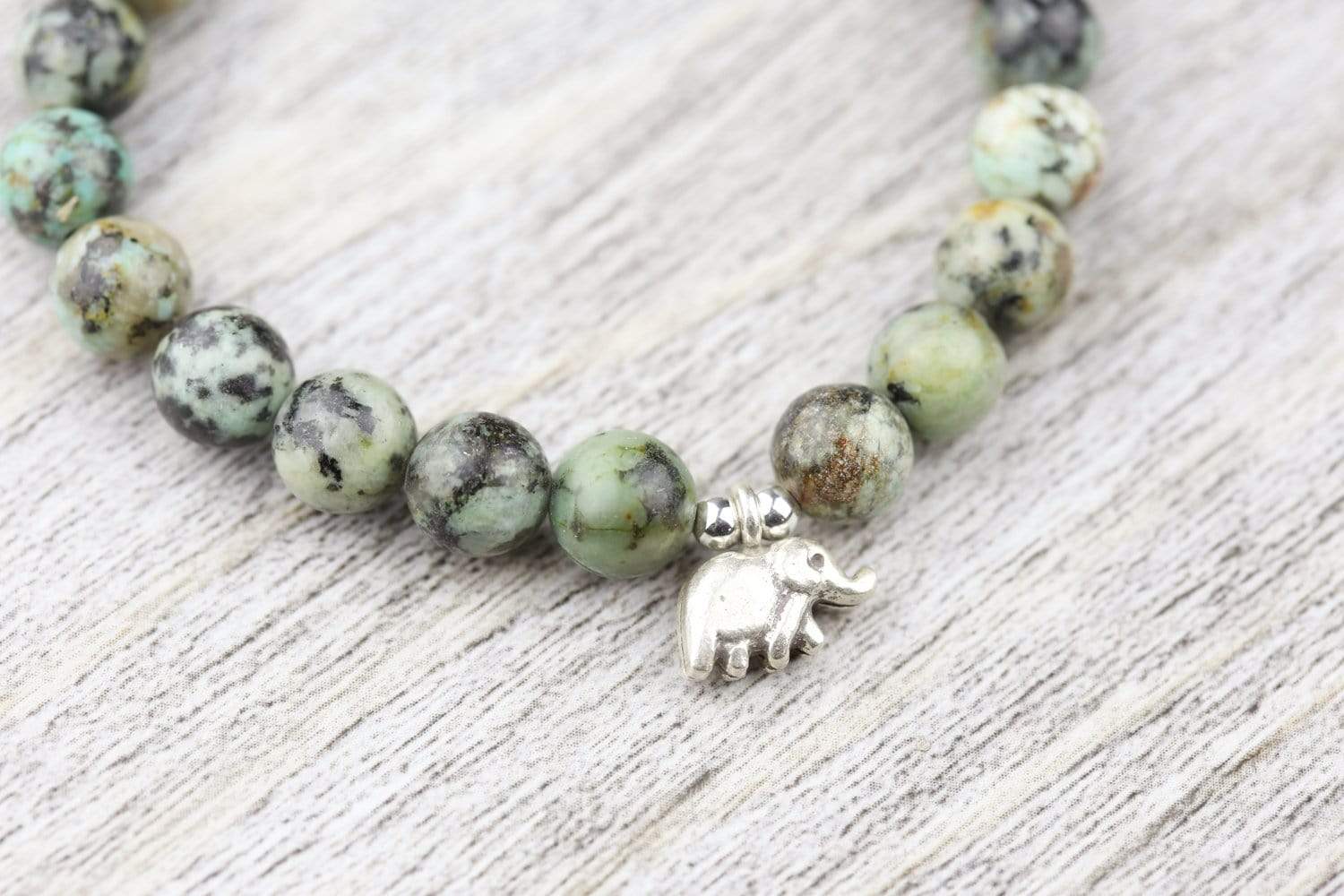 African Turquoise and Sterling Elephant Wrist Mala